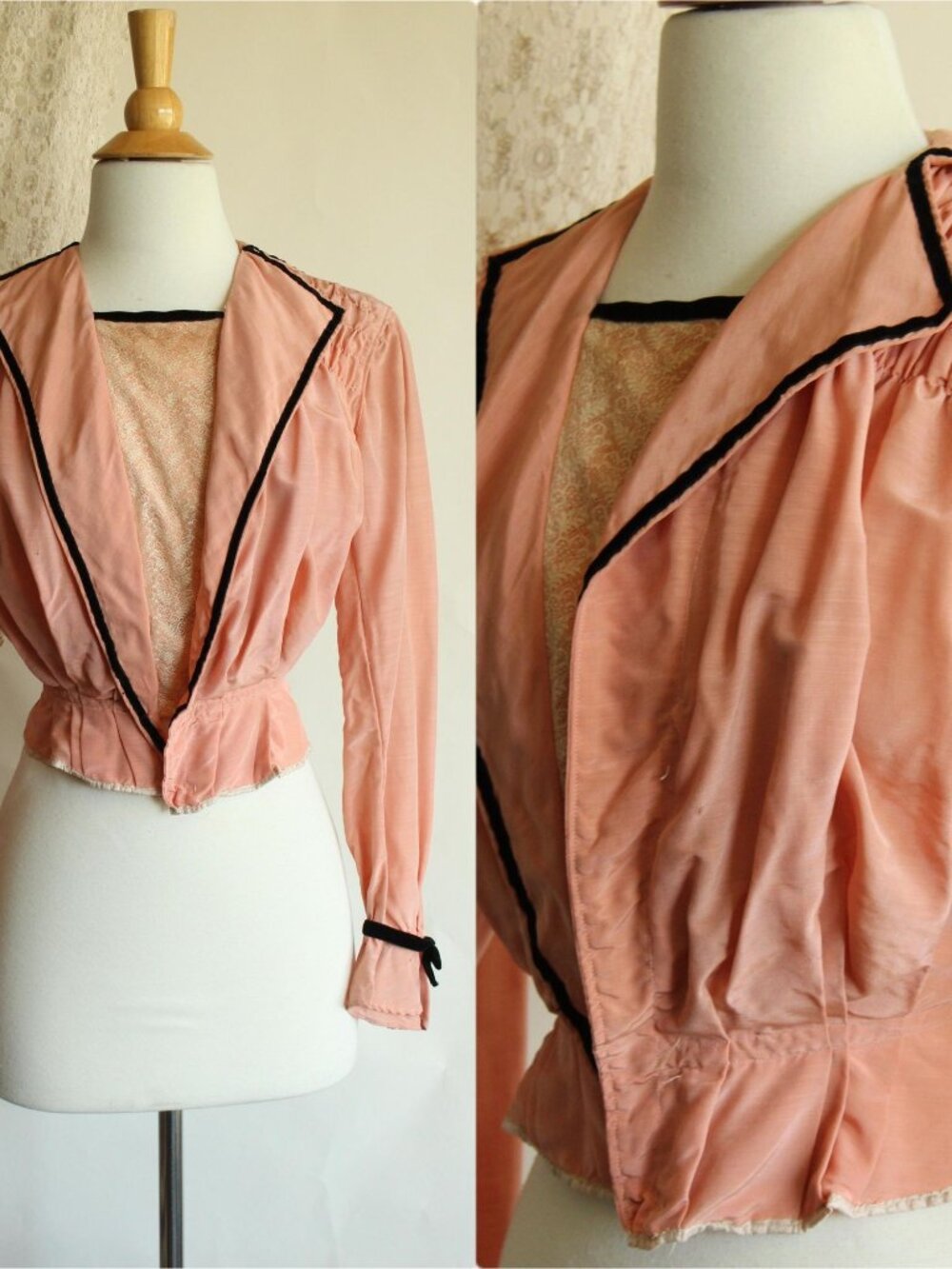 Vintage Antique 1900s Edwardian Jacket, Pink Silk with Black Trim, Victorian Sty
